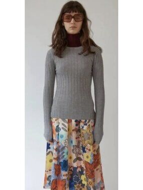 ACNE STUDIOS Carina Ribbed Sweater Top in Gray Small Minimalist Merino Wool